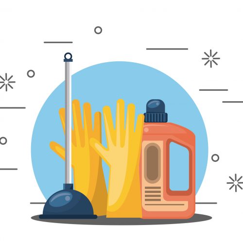 Cleaning products gloves and toilet pump with bottle brightly icons vector illustration graphic design