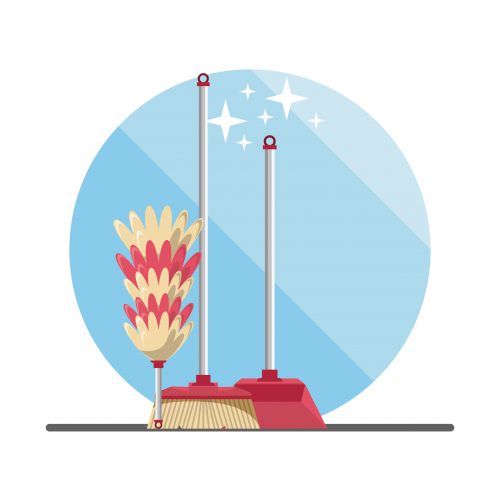 Cleaning products broom and pick with toilet brush vector illustration graphic design